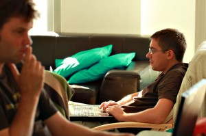 Turquoise coloured cushions with workstations