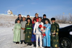 Mongolian newly weds enjoyed a joint photo.