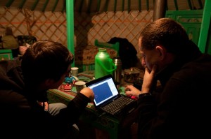 Working in the yurt.