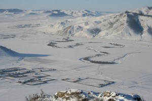 View of the valley and meanders of the Kharaa river.